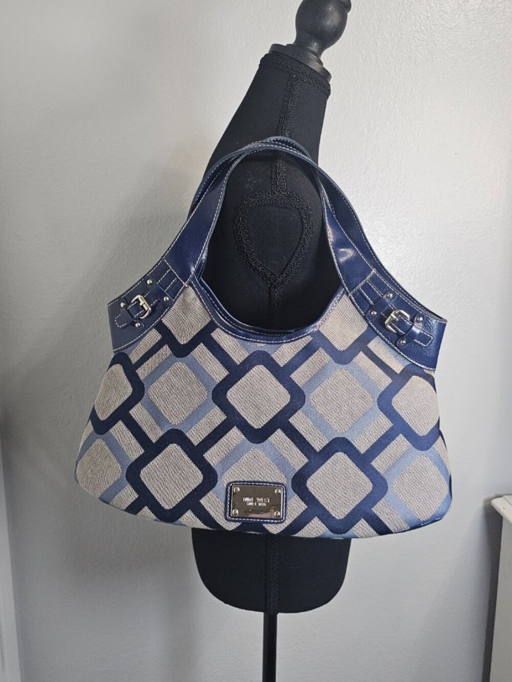 Nine West Blue & Gray Geometric Canvas Hobo Bag – Navy Trim – Silver Hardware - Picture 2 of 7
